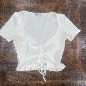 Zara White Ribbed Ruched Front Sweetheart Peplum Crop Top Women's Small S